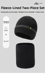 Detail showing windproof thick fleece lining on black knitted winter hat and neck warmer