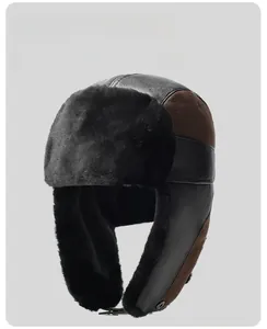 Detailed view of the winter pilot hat showing faux fur lining and thick leather texture