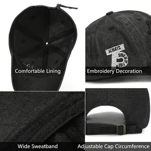 Black washed cotton baseball cap with 3D letter embroidery and adjustable metal buckle