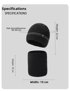 Detailed size guide for knitted beanie and neck warmer set with specific dimensions