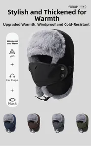 Close-up of winter trapper hat with integrated mask and warm earflaps in five colors