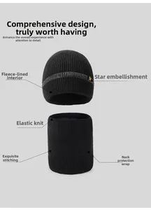 Detail of fleece lining and refined stitching on black winter beanie and neck warmer