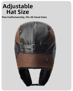 Detail of adjustable metal buckle strap on leather trapper hat with warm faux fur lining