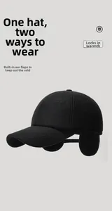 Detail of wool baseball cap with foldable ear flaps for winter outdoor protection