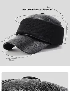 Detailed size specifications for a men's black winter leather baseball cap with knit band