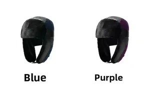 Blue and purple winter aviator hats with faux leather shells and soft thick black fur lining