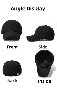 Detailed views of wool winter baseball cap showing brim, metal buckle and warm lining