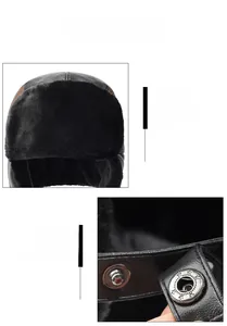 Detail view of winter trapper hat showing soft black faux fur lining and metal star buckle