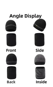 Detailed views of winter knit beanie and fleece-lined neck warmer with star emblem