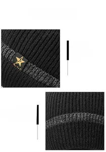Detail of black rib-knit winter hat texture with a small yellow star woven label