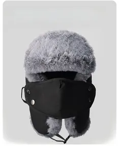 Detail of winter trapper hat with thick plush lining and windproof mask with buckles