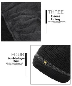 Detail of warm black knit beanie featuring thick grey fleece lining and star patch