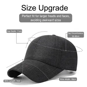 Dark grey plaid baseball cap for men with size details showing depth and circumference