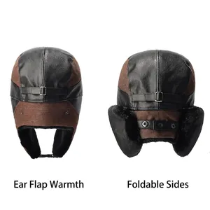 Winter thermal PU leather aviator hat with faux fur lining and earflaps for men and women