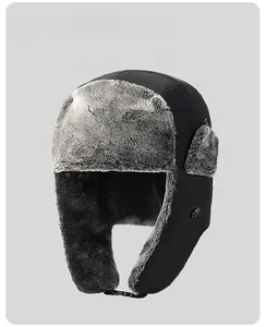 Close-up of windproof winter trapper hat with warm faux fur lining and chin buckle strap