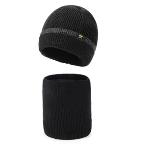 Winter Warm Knitted Beanie Hat Neck Warmer For Women Men Fleece Lined Outdoor Windproof Color Block Star Patch Beanie Accessory