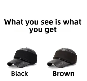 Detail of leather baseball caps in black and brown with ribbed knit ear protection bands