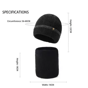 Winter knitted beanie hat and neck warmer set with size specifications in black and gray