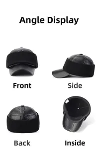 Four-angle view of men's thermal PU leather baseball cap with earflaps and knit trim
