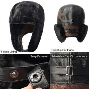 Winter PU leather trapper hat with fleece lining and adjustable buckles for cold weather