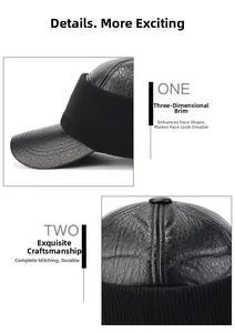 Detail of high-quality faux leather baseball cap with durable double-stitched visor seams