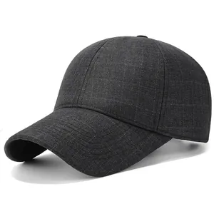 Winter plaid baseball cap for men with warm lining in charcoal grey textured fabric
