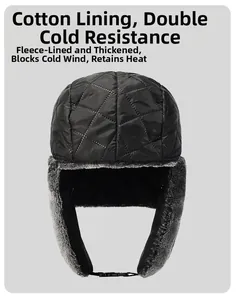 Detail of diamond-quilted aviator hat with thick grey faux fur lining and warm earflaps