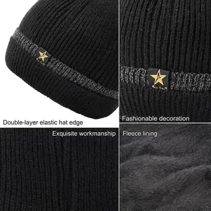 Winter knitted beanie with star label, fleece lining, and double-layer elastic cuff