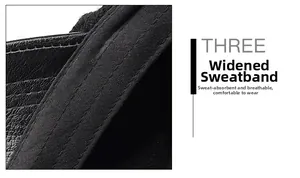 Detail of widened sweatband in black leather cap with breathable reinforced stitching