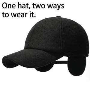 Winter wool baseball cap for seniors with foldable ear flaps and fleece lining for warmth