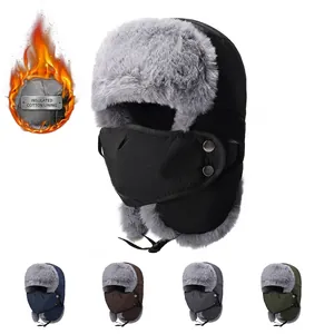 Men Winter Trapper Hat Windproof Warm Lei Feng Hat With Detachable Mask Faux Fur Padded Earflaps Outdoor Cycling Hiking Cap