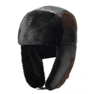 Winter thermal trapper hat with PU leather, brown fabric and black faux fur trim