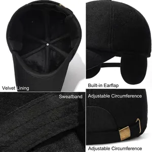 Winter wool baseball cap with fleece lining, built-in earflaps and adjustable metal buckle