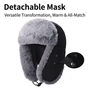 Winter thermal bomber hat for men with faux fur lining and a detachable face mask