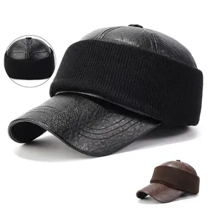 Men Winter PU Leather Baseball Cap Warm Fleece Lined Ear Protection Outdoor Windproof Full Closed Back Peaked Hat