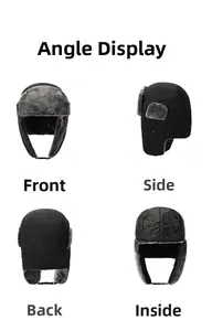 Four angles of black winter aviator hat with gray faux fur lining and chin strap