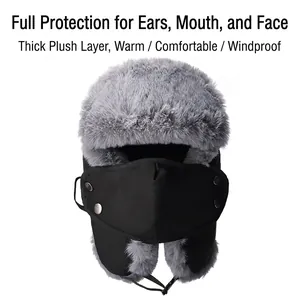 Winter windproof trapper hat with thick fleece lining and detachable face mask for men