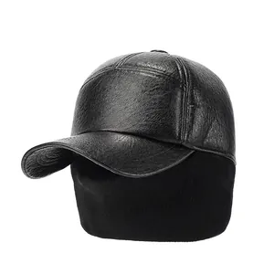 Men winter faux leather baseball cap with knit ear flaps and neck protection in black