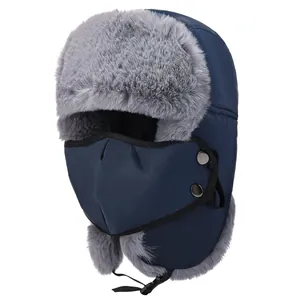 Winter thermal bomber hat with gray faux fur lining and windproof mask in navy blue