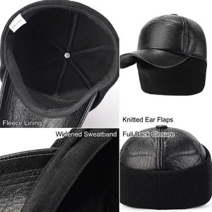 Winter men's black PU leather baseball cap with fleece lining and knit ear flaps