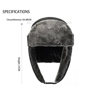 Winter bomber hat in black with grey faux fur lining and chin strap for windproof warmth