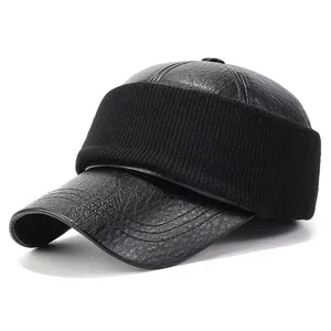Winter faux leather baseball cap with knit trim and ear protection for men in black