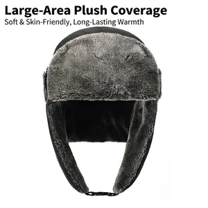 Thermal winter bomber hat with ear flaps, thick fleece lining and windproof black fabric