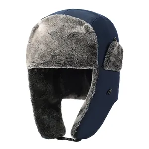 Winter bomber hat in navy blue with thick faux fur lining and windproof earflaps