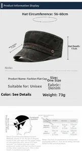 Detailed size chart for washed cotton flat top cap with measurements and head guide