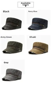 Flat top cadet caps in five washed cotton colors with vintage metal side buckles