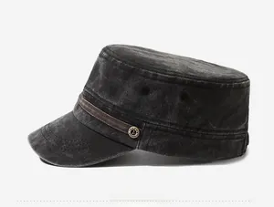 Detail of charcoal grey washed cotton cadet cap with fashion metal buckle and decorative strap