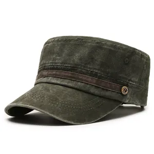 Vintage washed cotton flat top army cap for men with brown decorative band and metal button