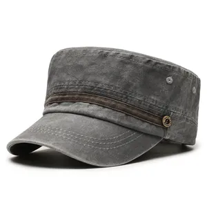 Men's washed cotton flat top army cap in dark grey with vintage metal buckle detail