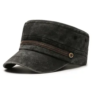 Vintage washed cotton cadet cap in charcoal grey with metallic fashion button detail